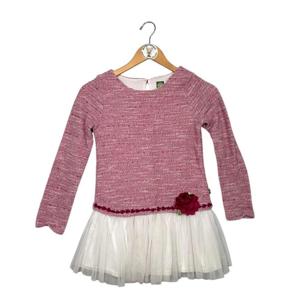 Dollie & Me Girls Pink Tweed Tulle Dress Size‎ 10 Long Sleeve Flower Applique
